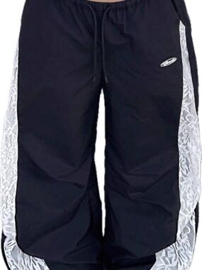 Black Wide Leg Ballon Pants with White Lace Elastic Ankle